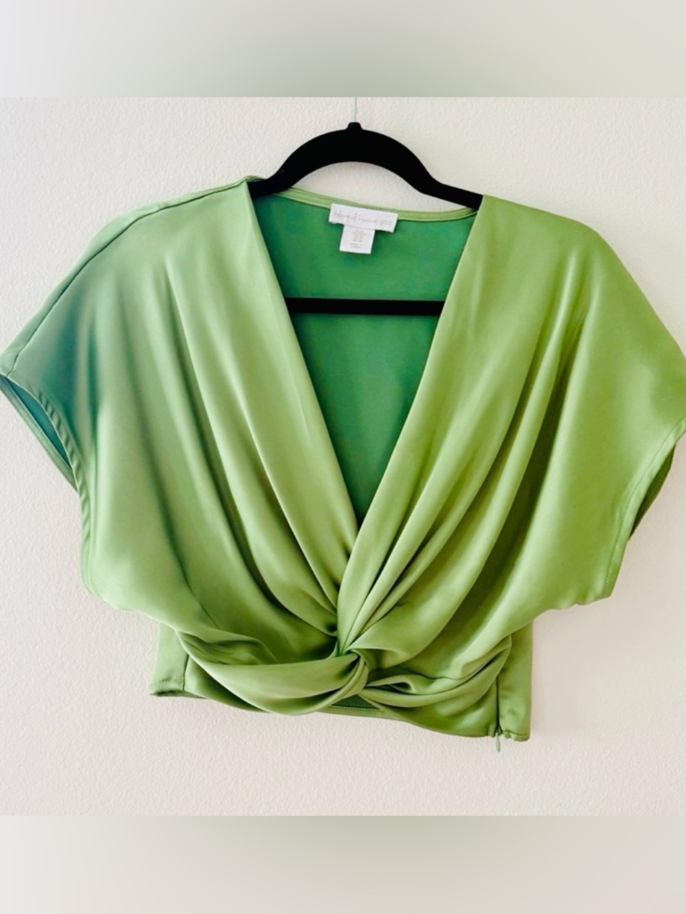 House of Harlow 1960 Olive Green Satin Twist Front Blouse